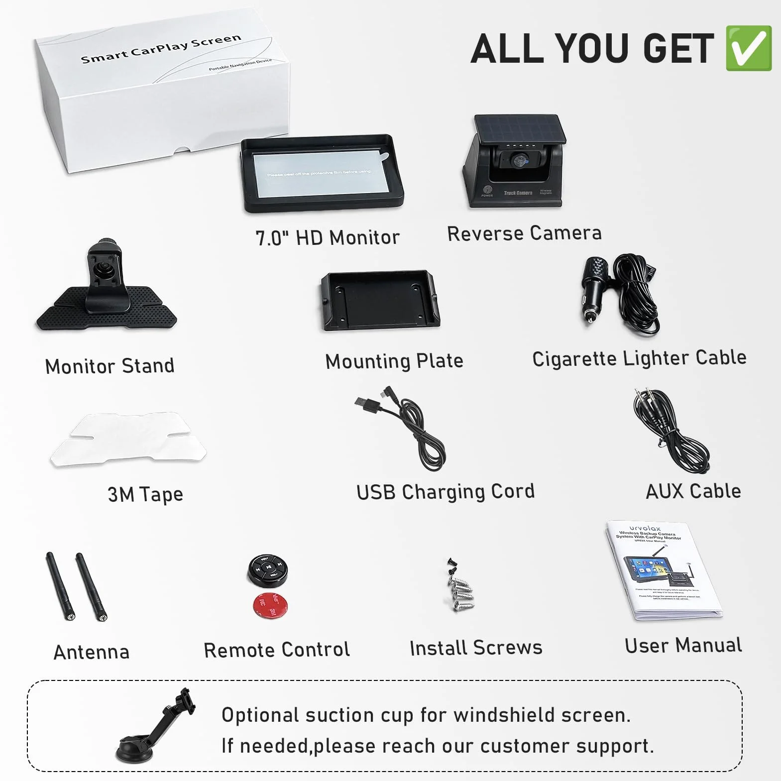 URVOLAX Telecamera auto retromarcia wireless E Apple CarPlay/Android Auto portatile da 7 pollici, Batteria 10.000mAh con Solare, Visione Notturna Impermeabile per Camion,Camper (Primo Dell'Industria)