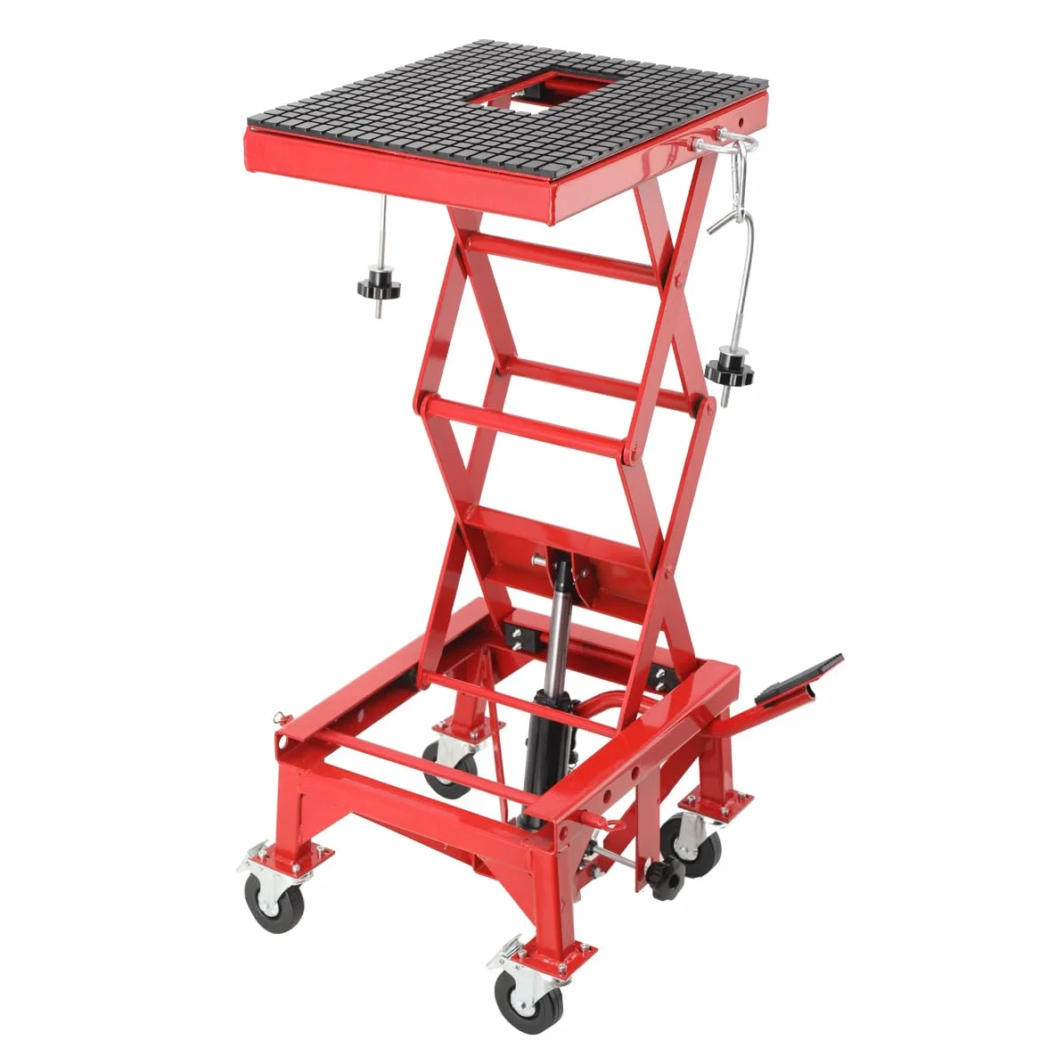 Sollevatore Idraulico per Moto con Pedale, Cavalletto Centrale a Pantografo per Moto, ATV, Enduro – Regolazione Altezza 350‑905 mm, Carico Max 158 kg, con 4 Ruote e Rotelle Universali
