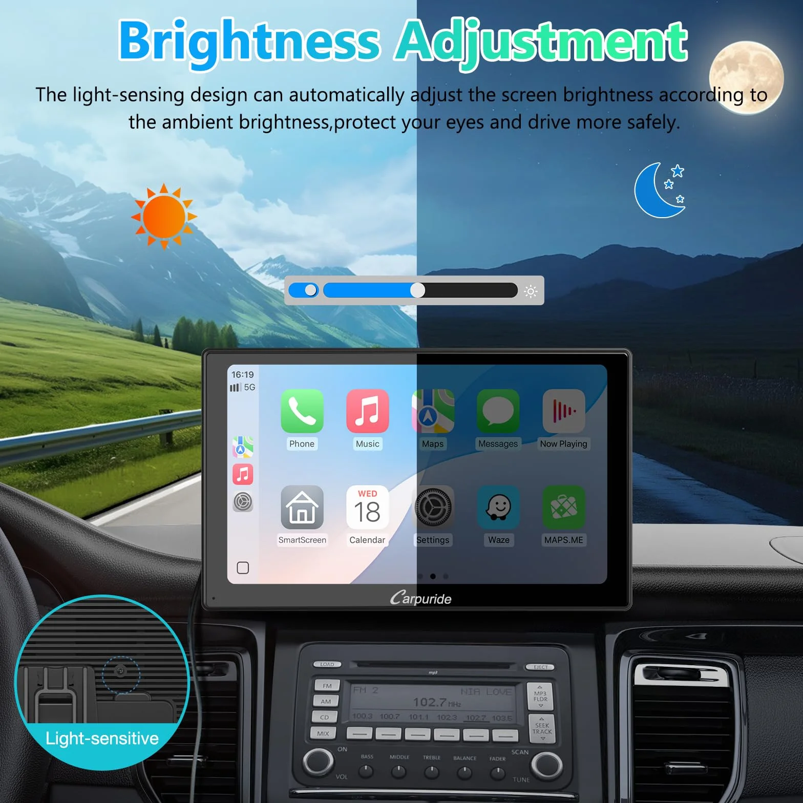CARPURIDE V9 portatile wireless Carplay e Android Auto, 9 pollici 1080p touch screen HD da con BT 5.0, Mirror Link, supporto per camion e camper