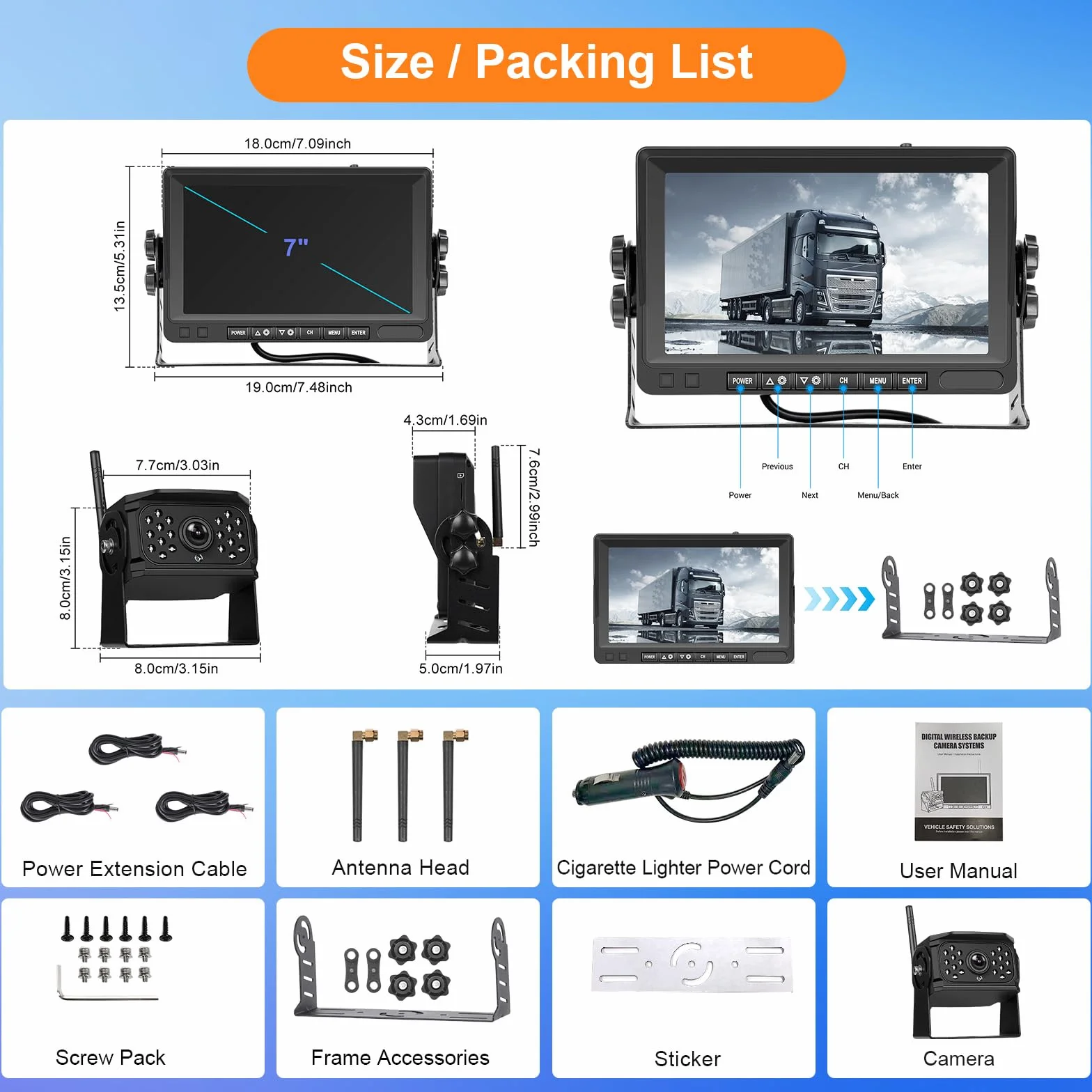 VECHTEL Telecamera Retromarcia Wireless 1080P, kit Monitor con Schermo IPS da 7 Pollici per Camion, Autobus, Furgoni, Camper, Pickup, Impermeabile IP68, Visione Notturna, Linee Guida DIY